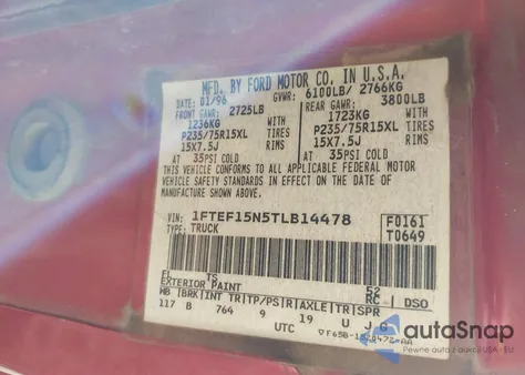 1996 Ford F150 from USA, damaged, VIN 1FTEF15N5TLB14478